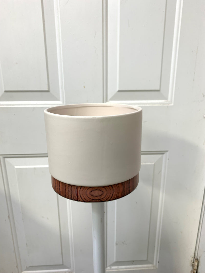 Matte White Ceramic Pot With Woodgrain Base